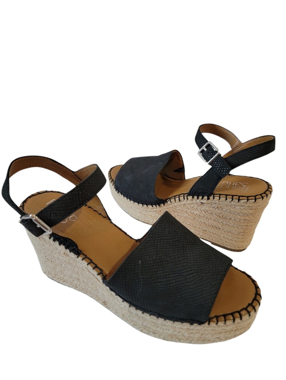 Franco Sarto Tula wedge sandals Sz 9M Black snake-print textured Slink Back Chic